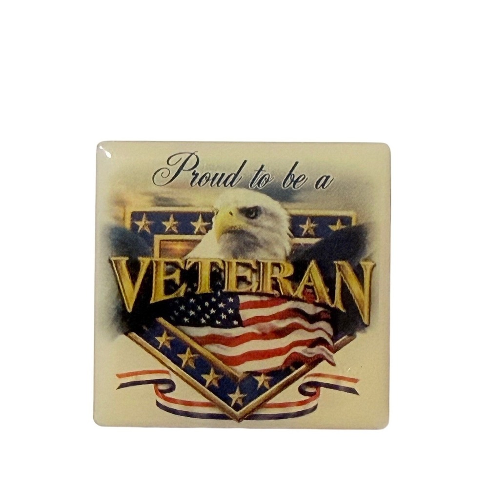 Proud to Be a Veteran Glass Fridge Magnet Bald Eagle American Flag Patriotic